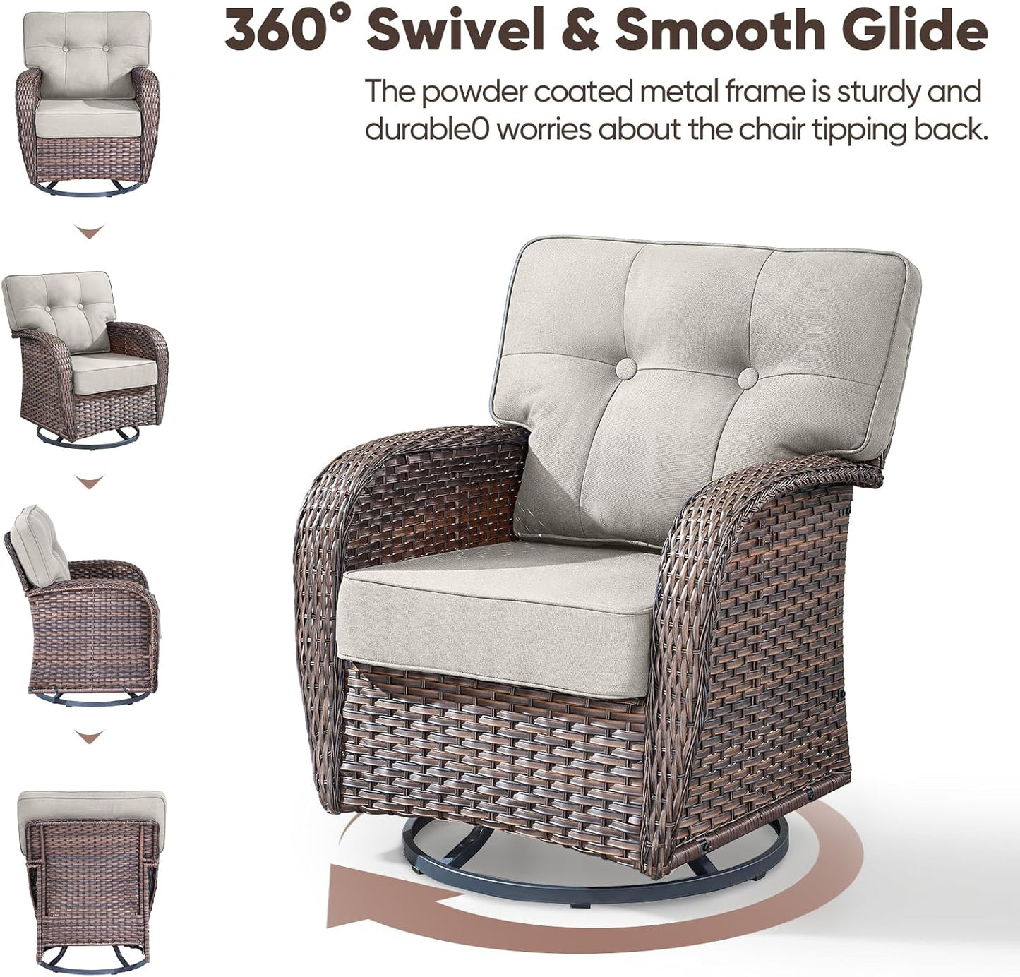 5-Piece Rotating Balcony Chair Set with 31-inch T-Shaped Wide backrest - Rattan Outdoor Rotating Balcony Chairs, Wide backrest Comfortable Outdoor Sliding Chair - Brown | Beige