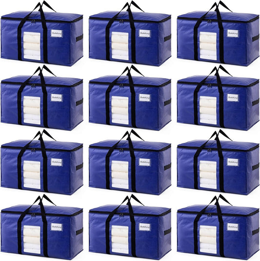 TAILI 12 Pack Dark Blue Extra Large Moving Bags, Heavy Duty Totes with Visible Window, Wrap Around Handles, Great for Space-Saving