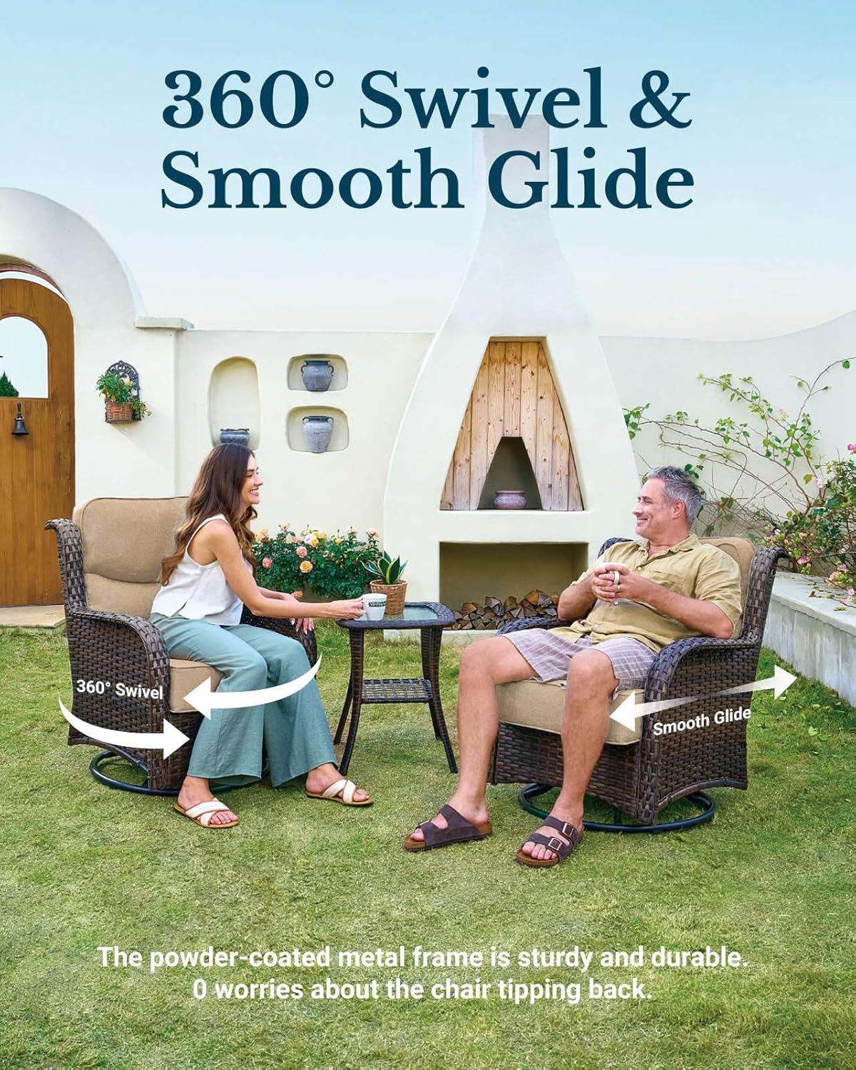 HILLGA Luxury Patio Furniture Set with 6-Inch Thick Cushions, High Back Outdoor Swivel Rocker Chairs, 2-Piece All Weather Conversation Set for Porch Deck Balcony Yard, Beige (V3)