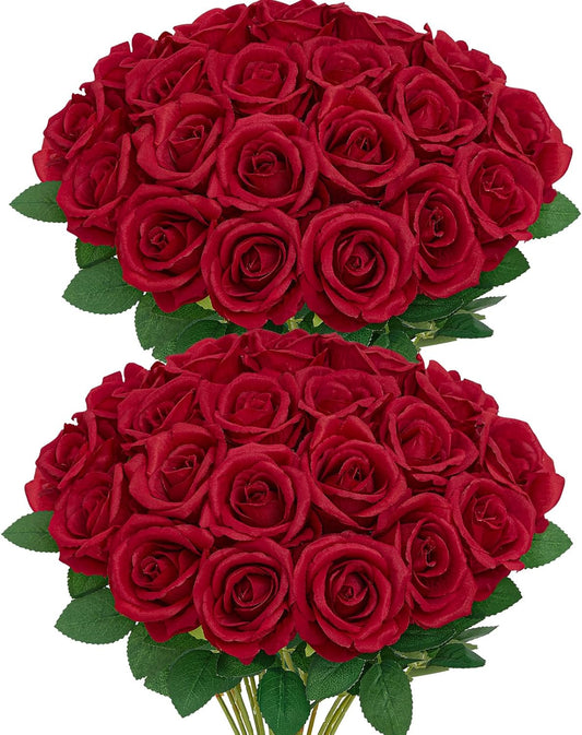 Serwalin 30PCS Red Roses Artificial Flowers, Realistic Red Roses Bouquet with Long Stems Fake Silk Roses Flowers for Wedding Centerpieces Bridal Bouquet Party Home Decor