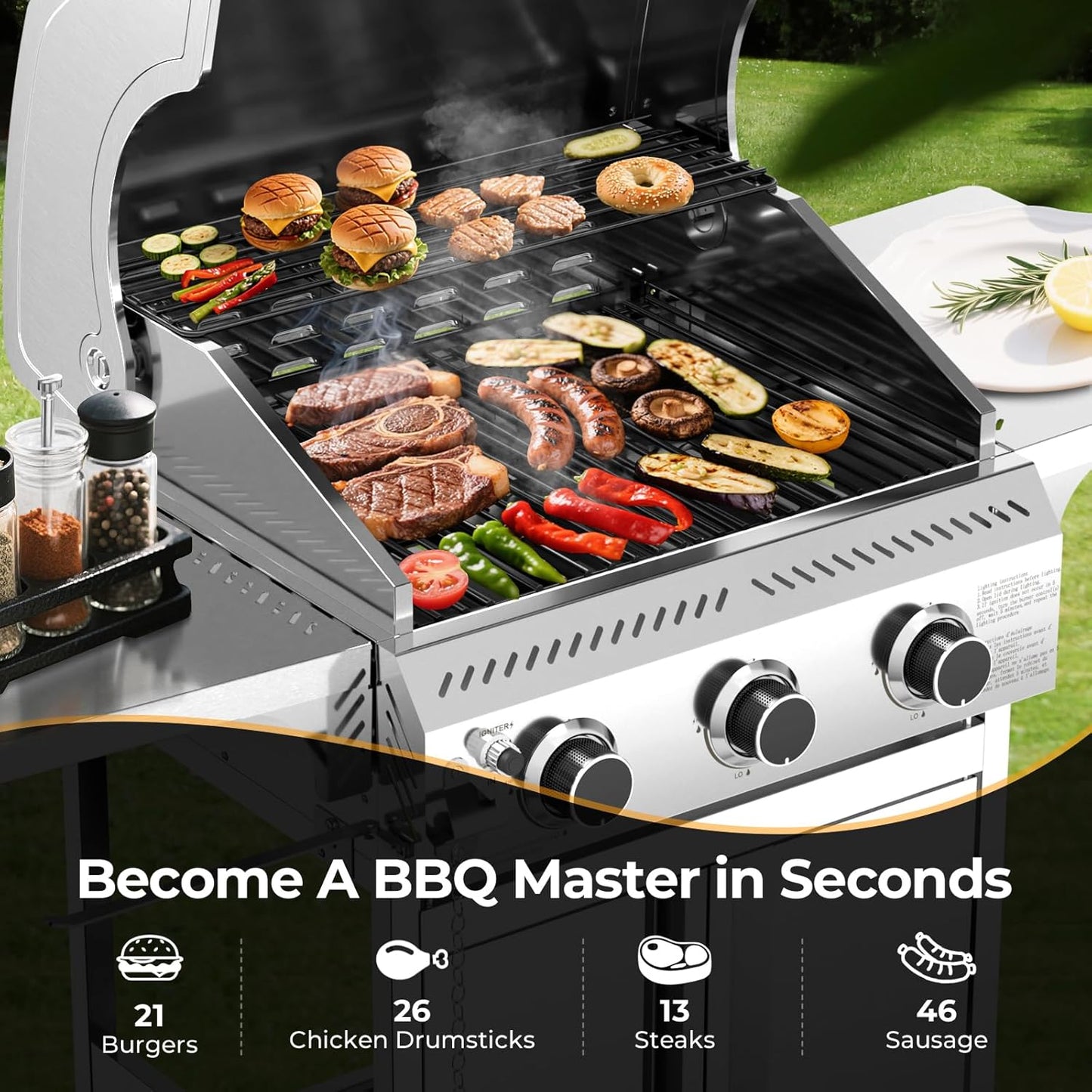 R.W.FLAME Stainless Steel Propane Gas Grill, 3 Burner 24000BTU BBQ Grills, Foldable Side Table, Enamel Wire Grate, Removable Grease Tray, Barbecue Grill for Outdoor Cooking, Backyard, Patio, Deck