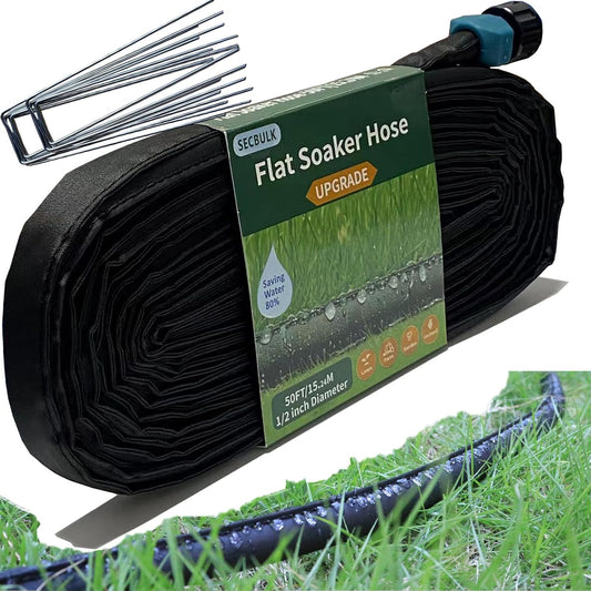 2025 Flat Soaker Hose 50 ft with Stakes for Garden, 50ft Linkable Drip Hose Diy Garden Irrigation System Saving 80% Water, Dual-layer Leak-free Design Water Hose with Holes