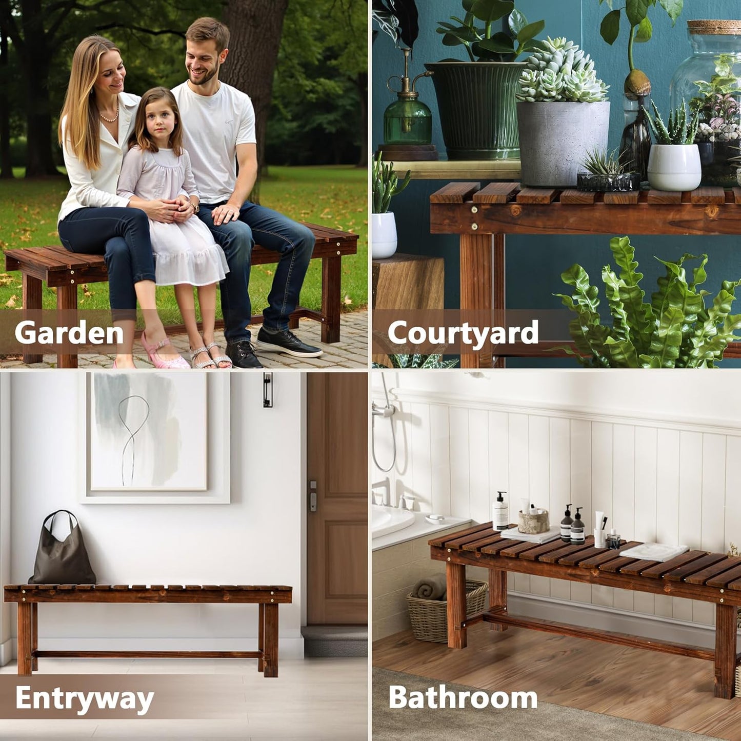 Outdoor Garden Bench, Weatherproof Patio Benches 3-Person Seat Backless Wooden Porch Bench, Multifunctional Slat All Weather Bench for Garden Lawn Porch Park Backyard (Carbonized Brown, 47.2 inch)