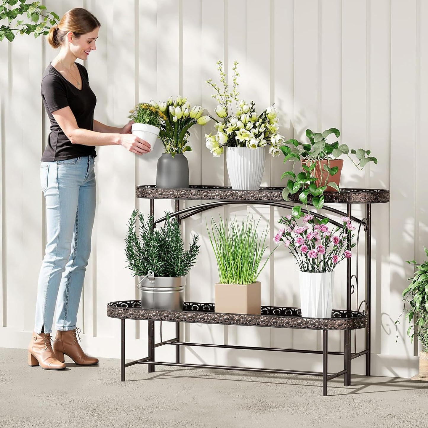 Plant Stand Outdoor Indoor 2 Tier Metal Pland Stand, Detachable Heavy Duty Tall Plant Shelf Rack Flower Pot Holder for Patio Garden Balcony Living Room, Distressed Vintage Black