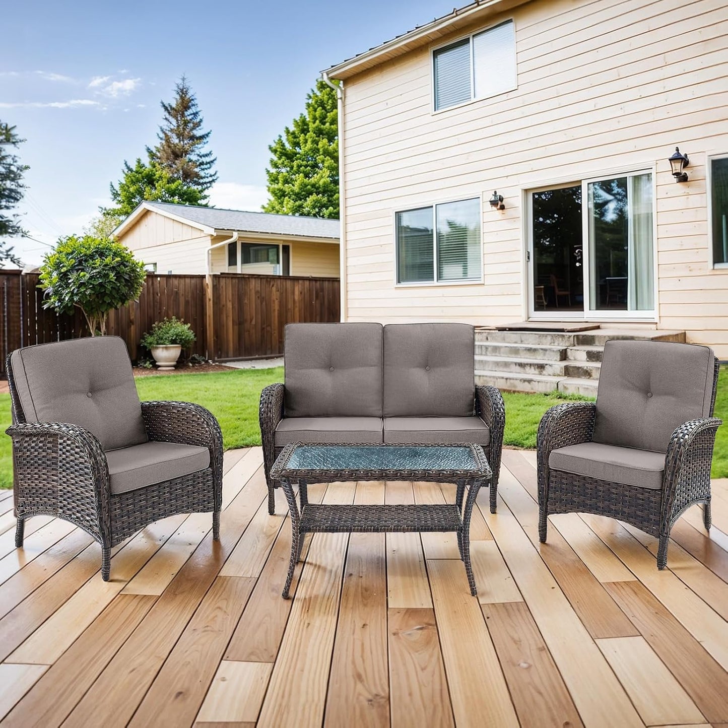 HUMMUH 4-Piece Patio Furniture Wicker Outdoor Conversation Set,All-Weather Rattan Outdoor Sofa Set Patio Chairs Coffee Table for Backyard,Porch,Deck