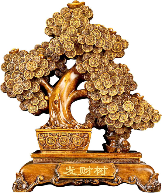 FENGSHUI-CAISHEN Top Resin Money Tree, Artificial Bonsai Tree, Handcrafted, Premium Quality, Feng Shui Gift for Abundance Luck and Success (Brown)