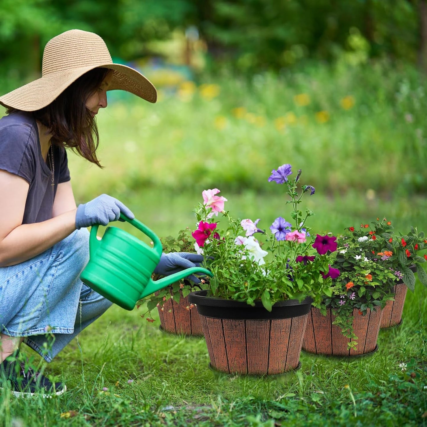Quarut 4 Pack 10 inch Plant Pots,Upgrade Whiskey Barrel Planters with Drainage Holes & Saucer,Plastic Decoration Flower Pots Retro Design,Planters for Outdoor Indoor Garden Home Plants (Brown)