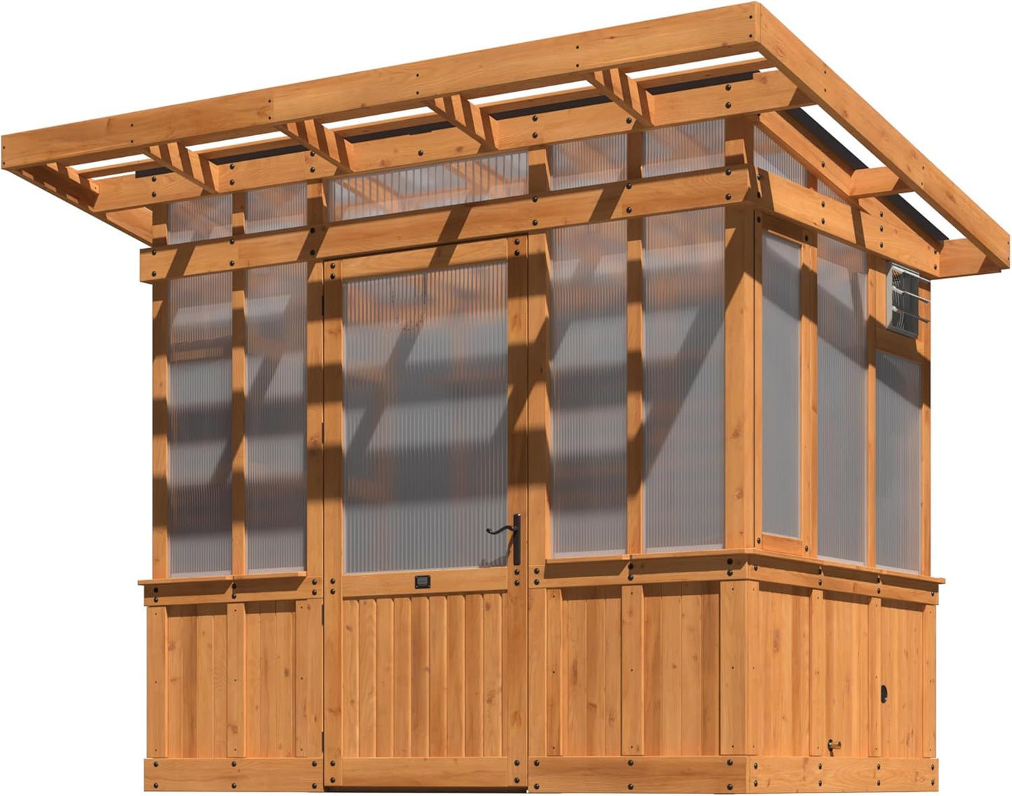 Backyard Discovery Poppy 9' x 6' Cedar Wood and Polycarbonate Walk-in Greenhouse Kit with Exhaust Fan, Windows, Hose Hook-Ups, PowerPort, Staging Shelves, Plant Hooks for Year-Round Outdoor Gardening