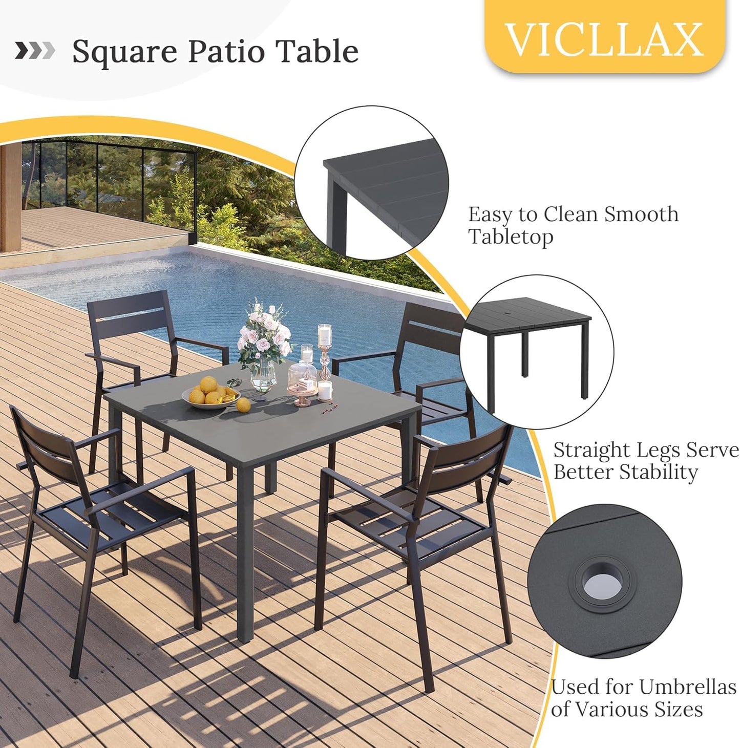 VICLLAX 40.2" Square Patio Dining Table for 4, Outdoor Table with Umbrella Hole, All Weather Metal Patio Table for Lawn Garden, Grey Tabletop
