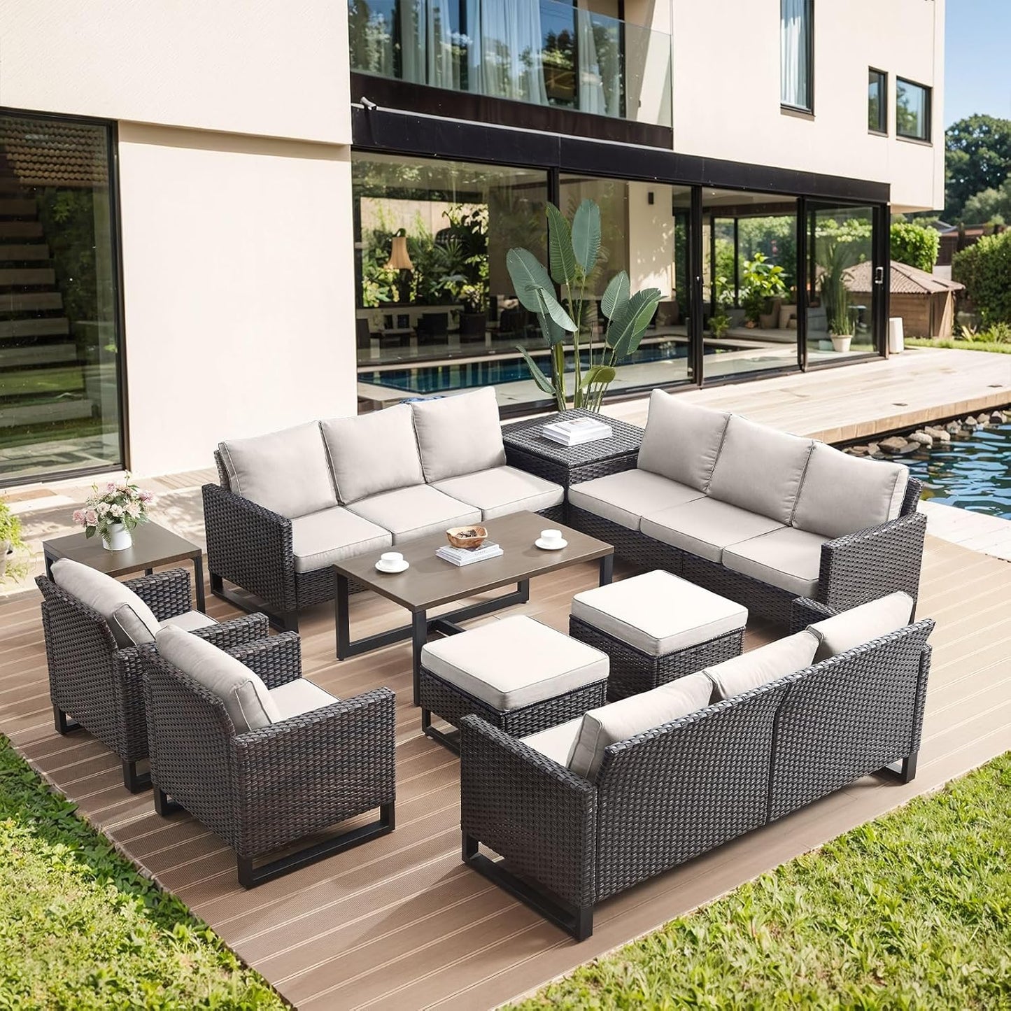 HUMMUH 10 Piece Patio Furniture Set PE Wicker 3 Outdoor Sectional Sofa Set with Patio Chairs Dinning Table Ottomans for Porch,Garden,Backyard,Deck(Brown/Beige)