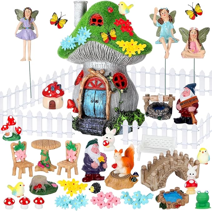 Suzile 50 Pcs Solar Fairy House Garden Accessories Light up Flocked Fairy House Garden Kit Green Resin Miniature Mushroom Figures Micro Landscape Ornament(Mushroom House)