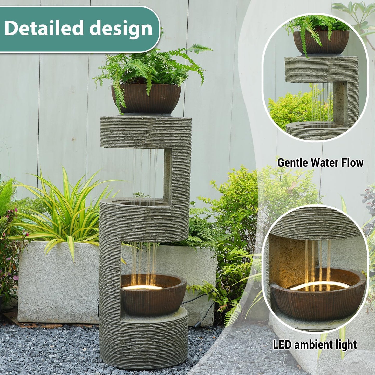 37.8" Outdoor Fountain with Waterfall & LED Lights, Freestanding Garden Water Fountain for Patio/Backyard, Resin Tiered Fountain with Pump