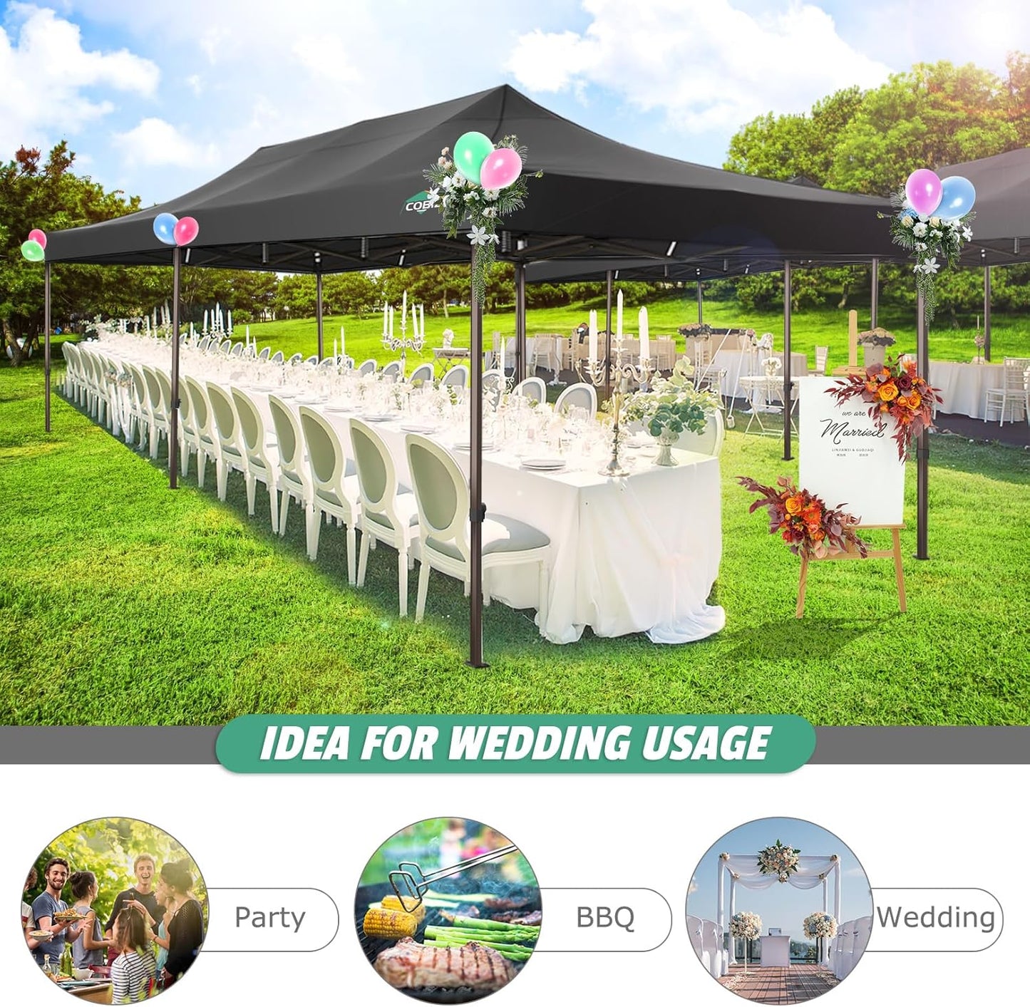 COBIZI 10x20 Pop Up Canopy Heavy Duty Without Sidewalls, Commercial Heavy Duty Pop Up Tent for Parties All Weather Waterproof and UV 50+ Wedding Tent with Roller Bag(Legs Upgraded),Black