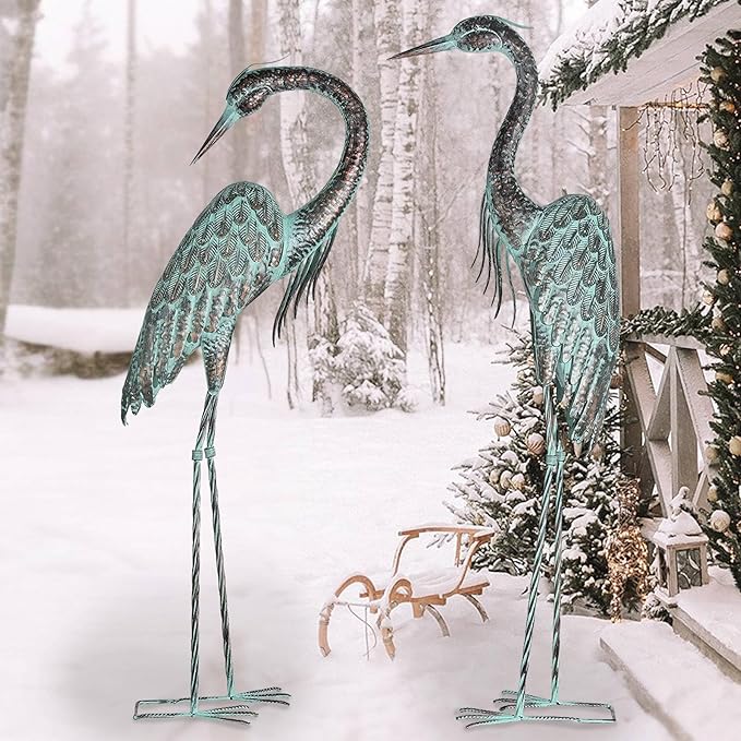 Kircust Garden Crane Statues, Standing Metal Patina Heron Decoy Outdoor Statue, 42-46 Inch Bird Yard Art for Patio Lawn Pond, Set of 2