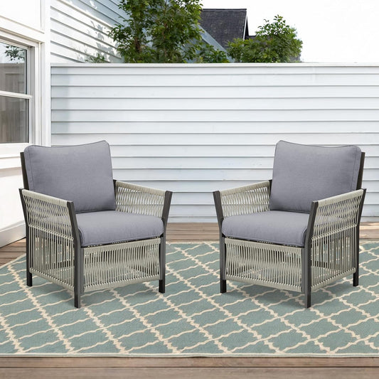 2 Pieces Wicker Bistro Set Chairs Patio Porch Furniture Sets, All-Weather PE Rattan Outdoor Conversation Set for Porch, Deck, Poolside, Bistro Chair Set with Removable Cushion-Beige