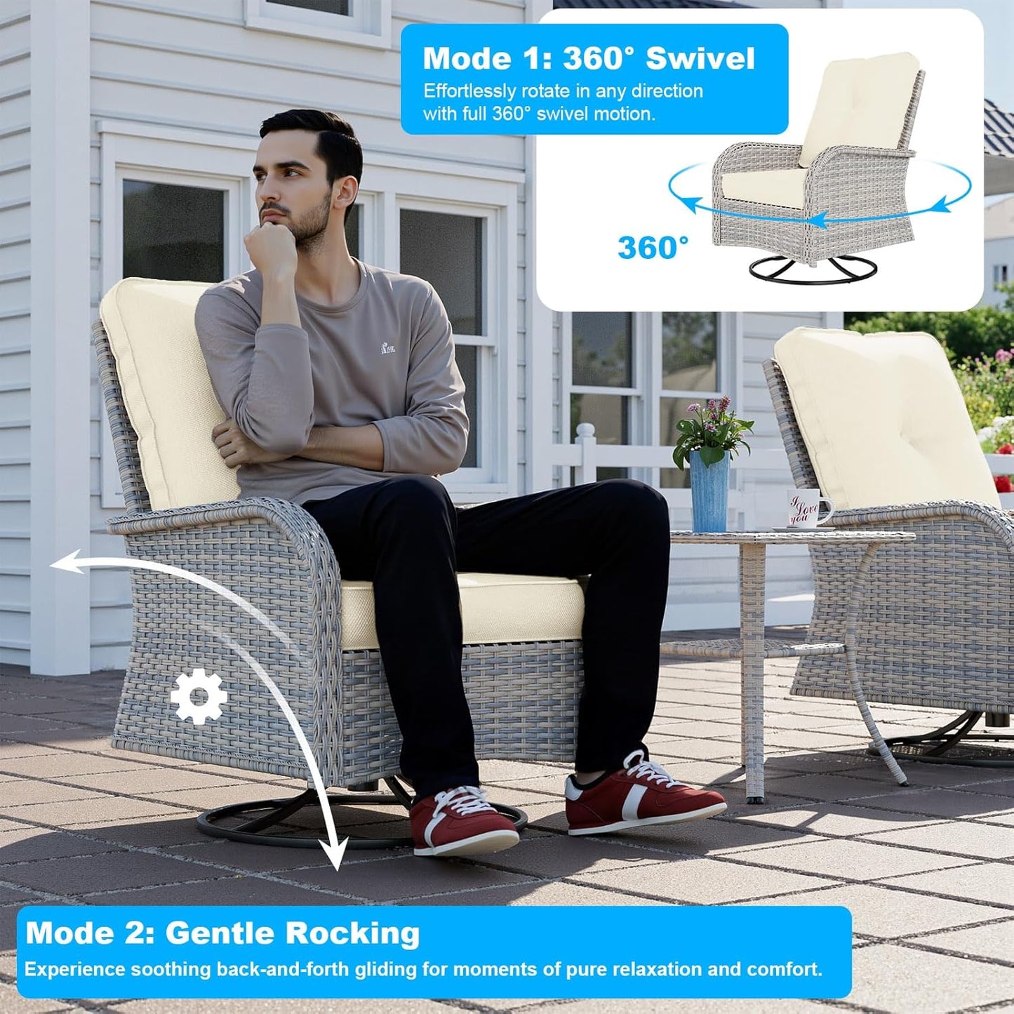 11-Piece Patio Furniture Set, Outdoor Patio Furniture with 55,000 BTU Fire Pit Table, Swivel Chairs Set, Thick Cushions, Modular Patio Sofa, Dual-Strand Wicker Rattan, Rust-Resistant Frame, Ivory