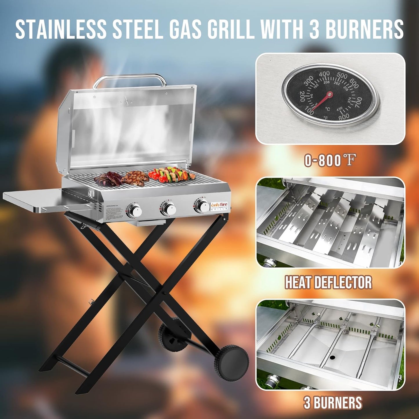 BBQ Gas Grill 3-Burner with Foldable Cart & Side Table, Portable Propane Grill with Lid for Outdoor Patio Backyard Barbecue Camping Tailgating RV Trip, Stainless Steel, GS308