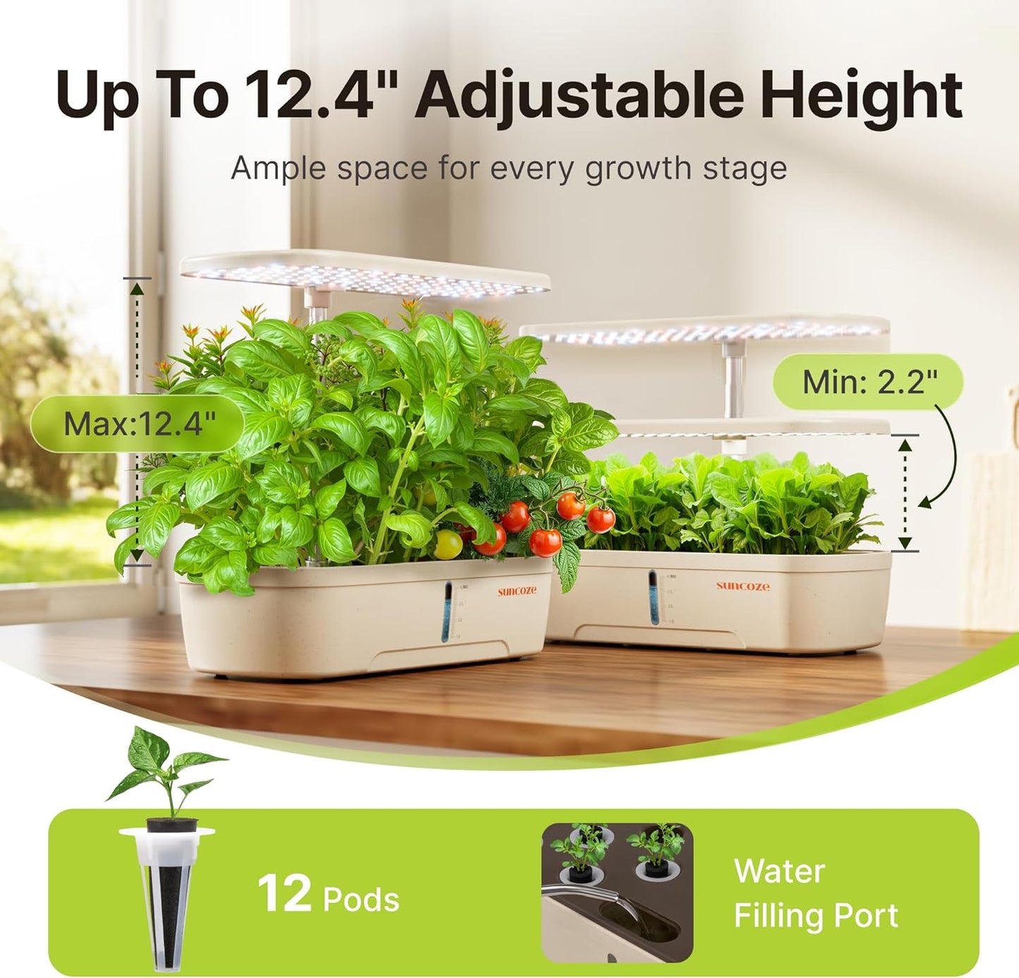 SUNCOZE Hydroponics Growing System Kit 12 Pods, Indoor herb Garden with 20W LED Grow Light, Visible Water Tank with Pump, 2.2"-12.4" Adjustable Height Indoor Gardening System, Gardening Gifts, Beige