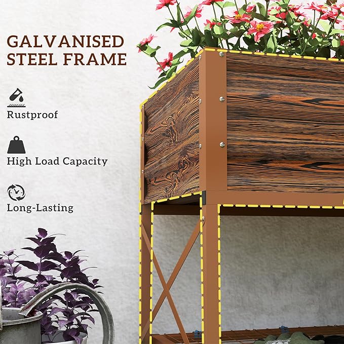 Outsunny Raised Garden Bed with Galvanized Steel Frame, Storage Shelf and Bed Liner, Elevated Planter Box with Legs for Vegetables, Flowers, Herbs, Dark Brown