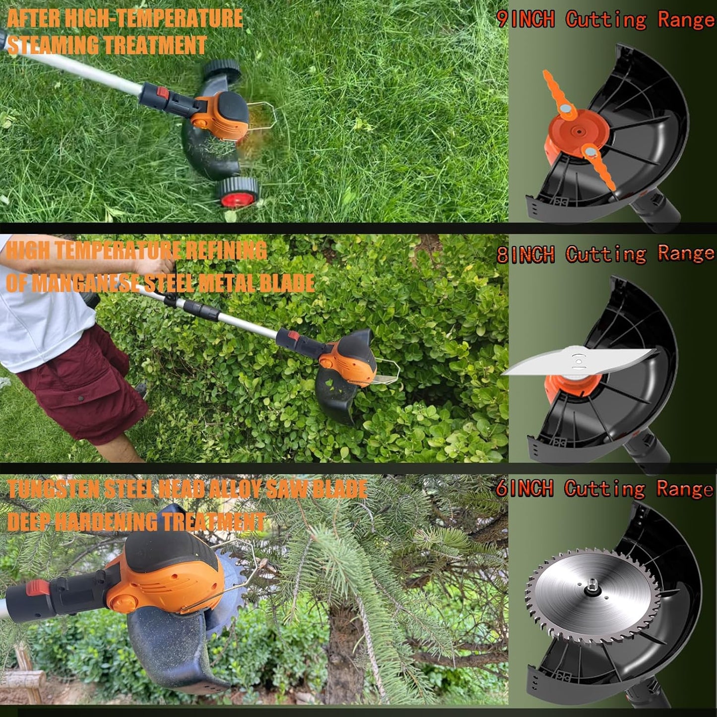 Electric Weed Wacker Eater Cordless Battery Powered, Weed Trimmer 4.0Ah Lightweight No-String with 2 Battery Operated & Wheels, 3 in 1 Stringless Grass Trimmer/Edger/Brush Cutter for Garden Yard Lawn