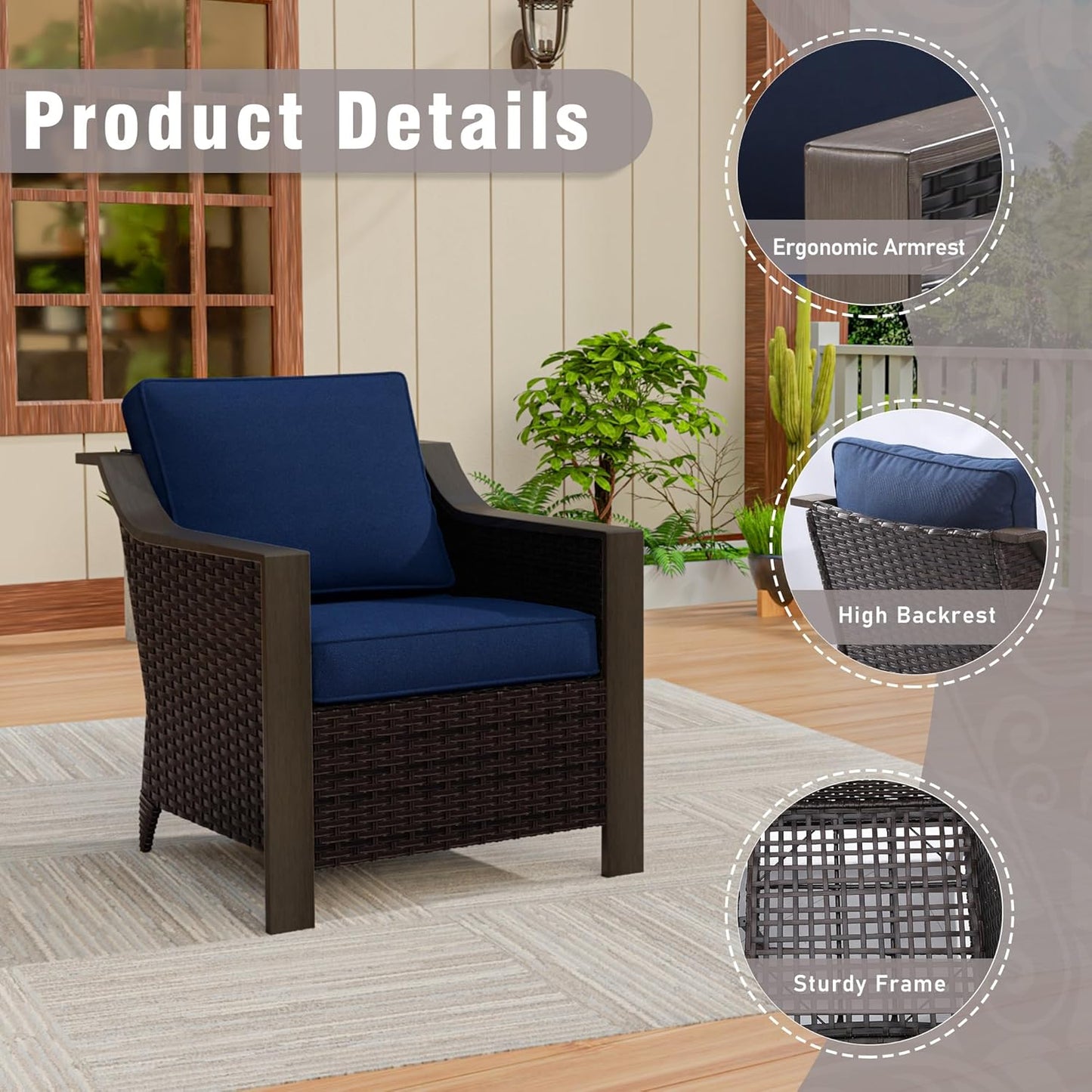 3 Piece Wicker Patio Conversation Set, All-Weather Use Outdoor Wicker Sofa with 2 PE Rattan Chair, Removable Water-Resistant Cushion, Ideal for Porch, Backyard, Balcony, Poolside, Blue