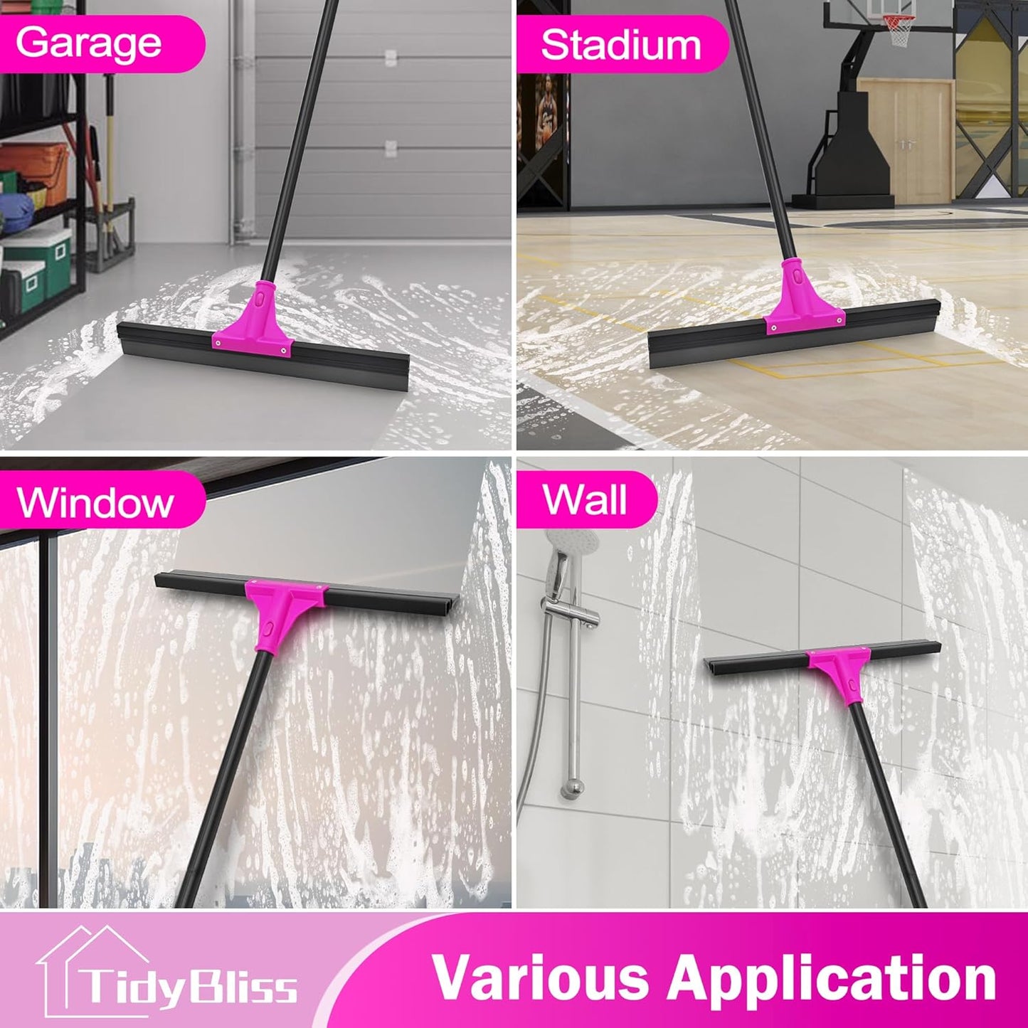 Floor Squeegee Heavy Duty with 58.3 inches Long Handle, Rubber Foam Water Scraper Broom Epoxy Wiper Mop for Cleaning Concrete Pool Rug Garage Deck Shower Window Outdoor Indoor