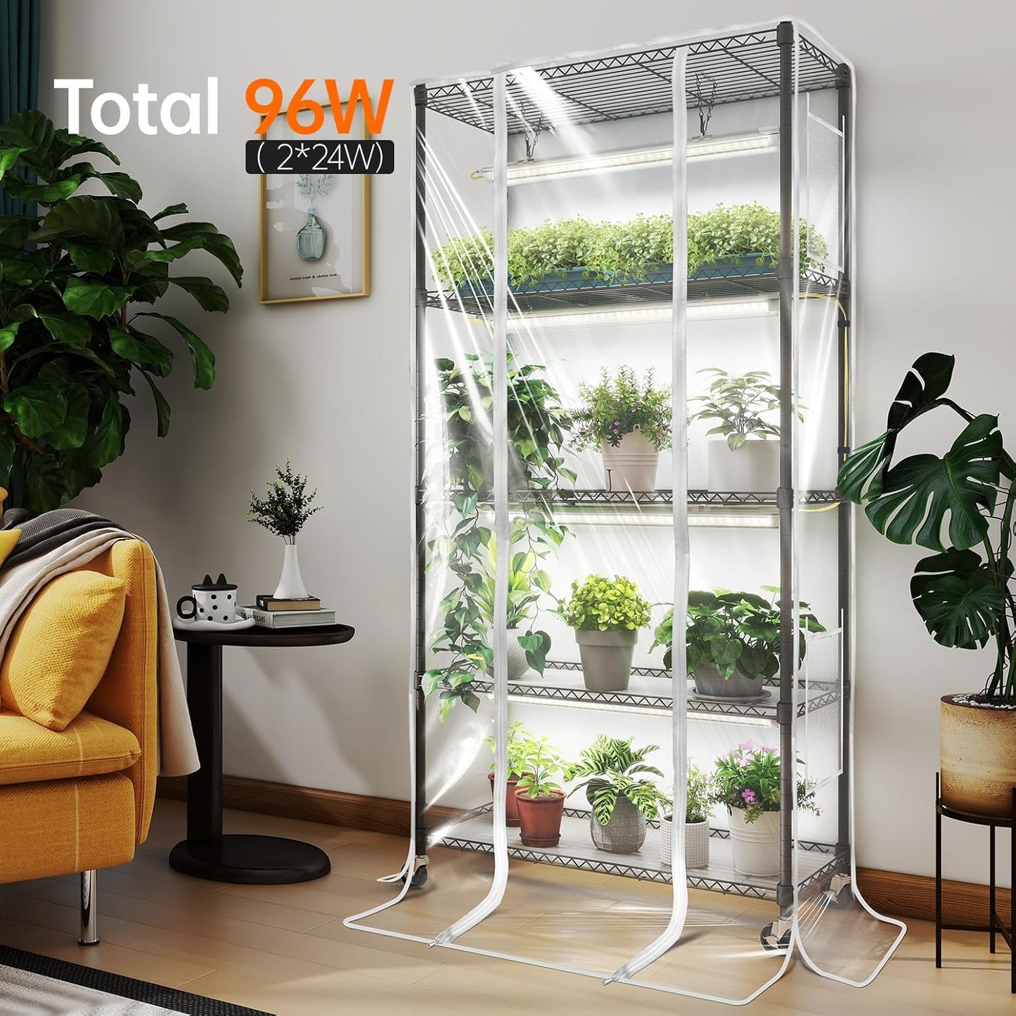 Indoor Greenhouse with Grow Light, Mini Green house with 4 Pack T8 Full Spectrum Plant Lights with Timer, Plant Shelf with Tent for Indoor Plant, Seed Starting, Seed Tray, 29.5"x13.8"x59"