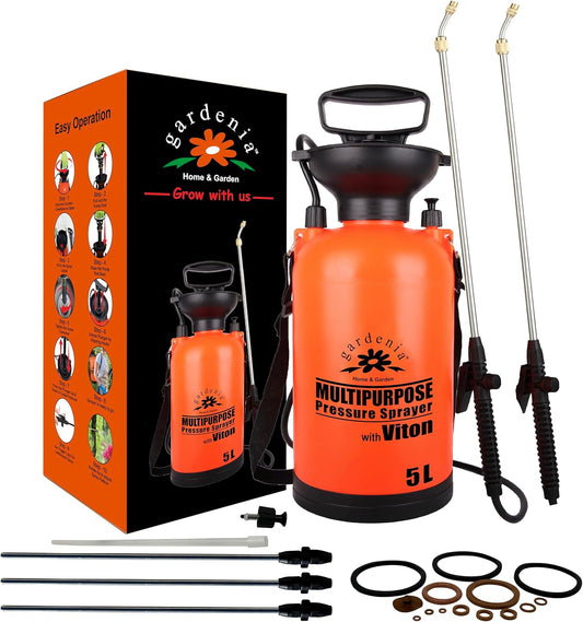 Pump Sprayer Upgraded Garden Sprayer Premium Viton Seals Telescopic Metal Lance & a Complete Set of Spare Parts Pumping Spray Bottle 5L for Watering Lawn Care & Home & Car Cleaning