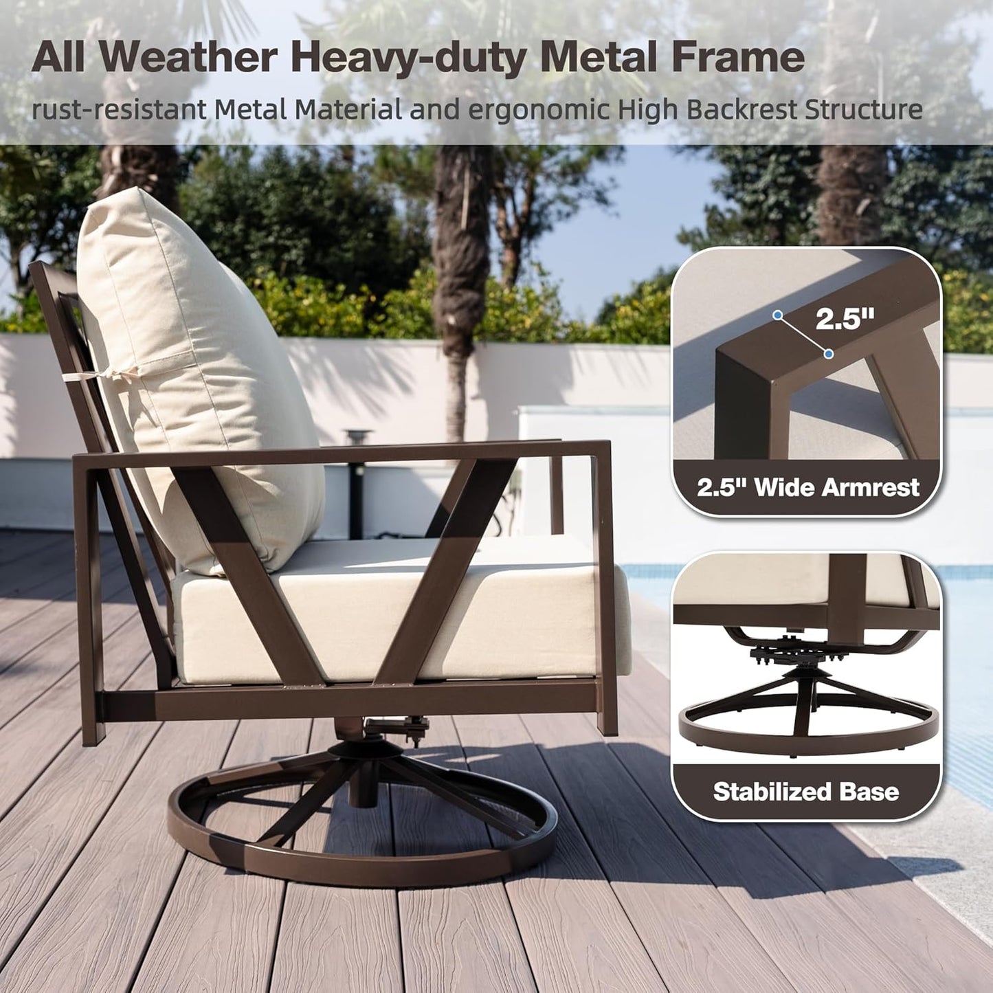 Outdoor Patio Swivel Rocking Chairs Set, Patio Porch Furniture with 6" Thick Cushions, 3 Pieces Outdoor Bistro Set with Coffee Table for Balcony, 350lbs, Upgrade Beige