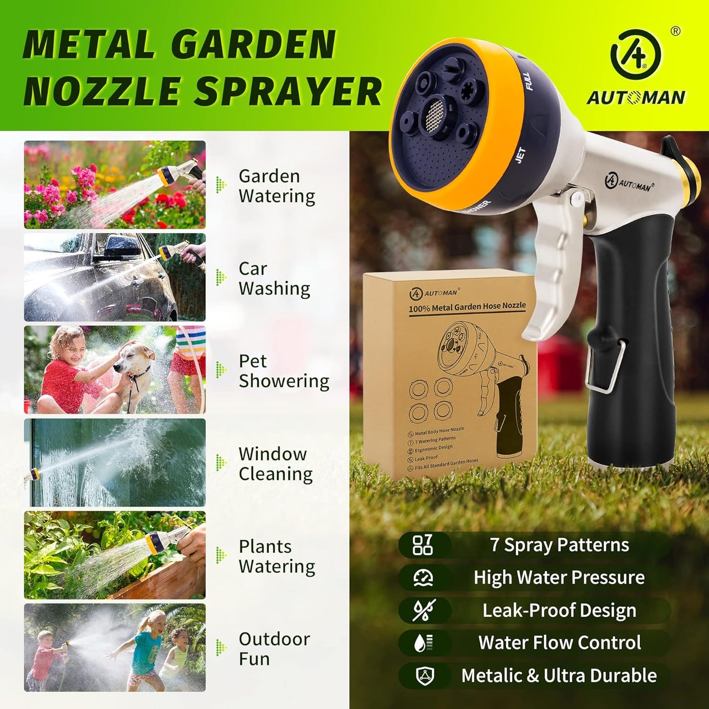 AUTOMAN Garden Hose Nozzles - High Pressure 100% Metal Hose Sprayer 2 Pack, Heavy Duty Garden Watering Nozzle Set, Powerful Garden Nozzle for Watering Plants, Window Cleaning,Washing Cars,Pets Bathing