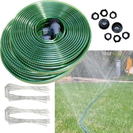 100 FT （50FT*2 Flat Sprinkler Hose for Lawn Watering Garden Soaker Hose with Holes, Heavy Duty Lightweight No-Kink Water Hose with Stakes, Irrigation Hose, Great Fun for Kids and Dog