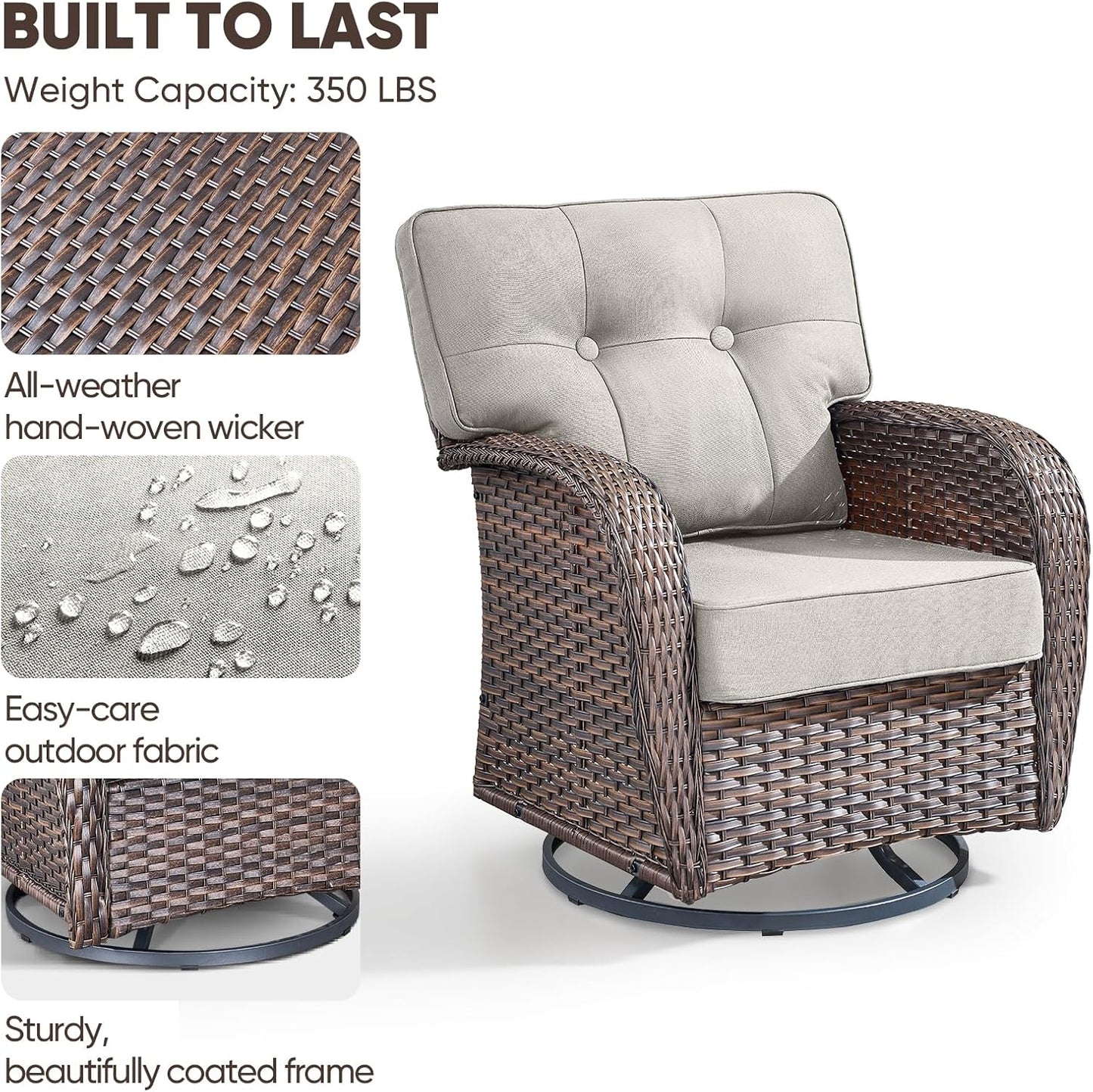 4-Piece Rotating Balcony Chair Set with 31-inch T-Shaped Wide backrest - Rattan Outdoor Rotating Balcony Chairs, Wide backrest Comfortable Outdoor Sliding Chair - Brown Rattan | Beige Cushions