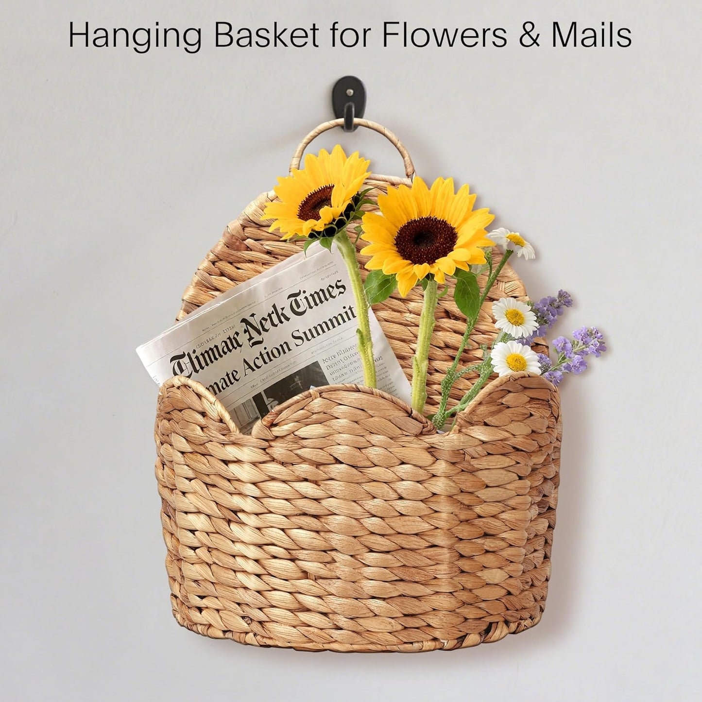 Scalloped Edge Hanging Planter Basket,Water Hyacinth Woven Wall Baskets for Front Door,Hangable Storage Organize for Flowers,Mails,Wicker Handmade Baskets for Garden,Farmhouse,Home Decor