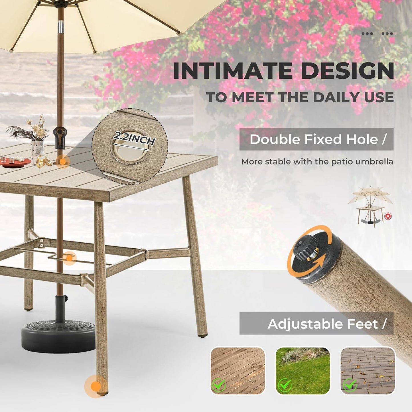 HAPPATIO Patio Table for 4, Modern Square Outdoor Dining Table with Umbrella Hole and Adjustable Feet, All Weather Aluminum Patio Table for Garden, Backyard and Poolside, Brown