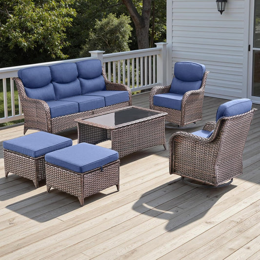 Wicker Outdoor Patio Furniture Set - 6 Piece Patio Conversation Sets with Swivel Rocker Chairs, Ottomans, Sofa and Coffee Table, 6 inch Cushions, Deep Seating, for Porch Deck Brown/Blue