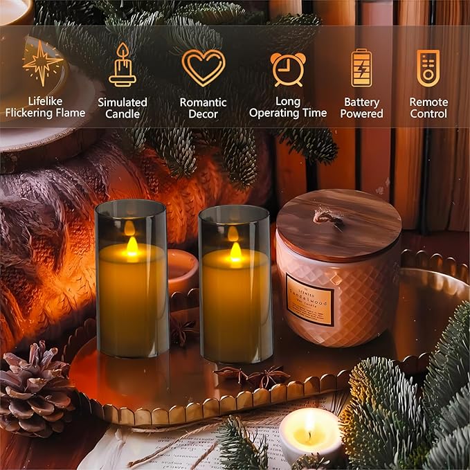 Metaku Flickering Flameless Candles Battery Operated 3D Moving Wick LED Candles with Remote, Set of 2 Grey Acrylic Electric Candles for Christmas Halloween Valentines Wedding Home Decor,D 3"×H 6"
