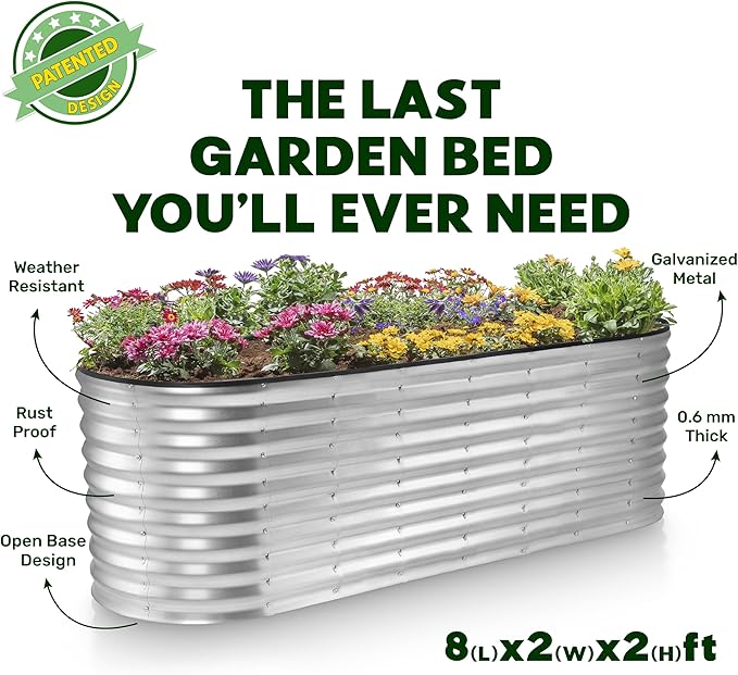 Galvanized Raised Garden Beds Outdoor // 8×2×2 ft Planter Raised Beds for Gardening, Vegetables, Flowers (Silver) // Large Metal Garden Box // Patented Tool-Free Design