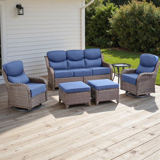 Wicker Outdoor Patio Furniture Set - 6 Piece Patio Conversation Sets with Swivel Rocker Chairs, Ottomans, Sofa and Side Table, 6 inch Cushions, Waterproof Wicker, for Porch Deck Brown/Blue