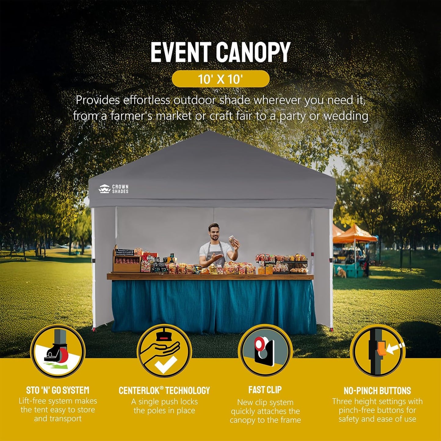 CROWN SHADES 10X10 Comercial Instant Canopy Pop Up Tent with Center Lock (10x10 with 4 Sidewalls, Grey)