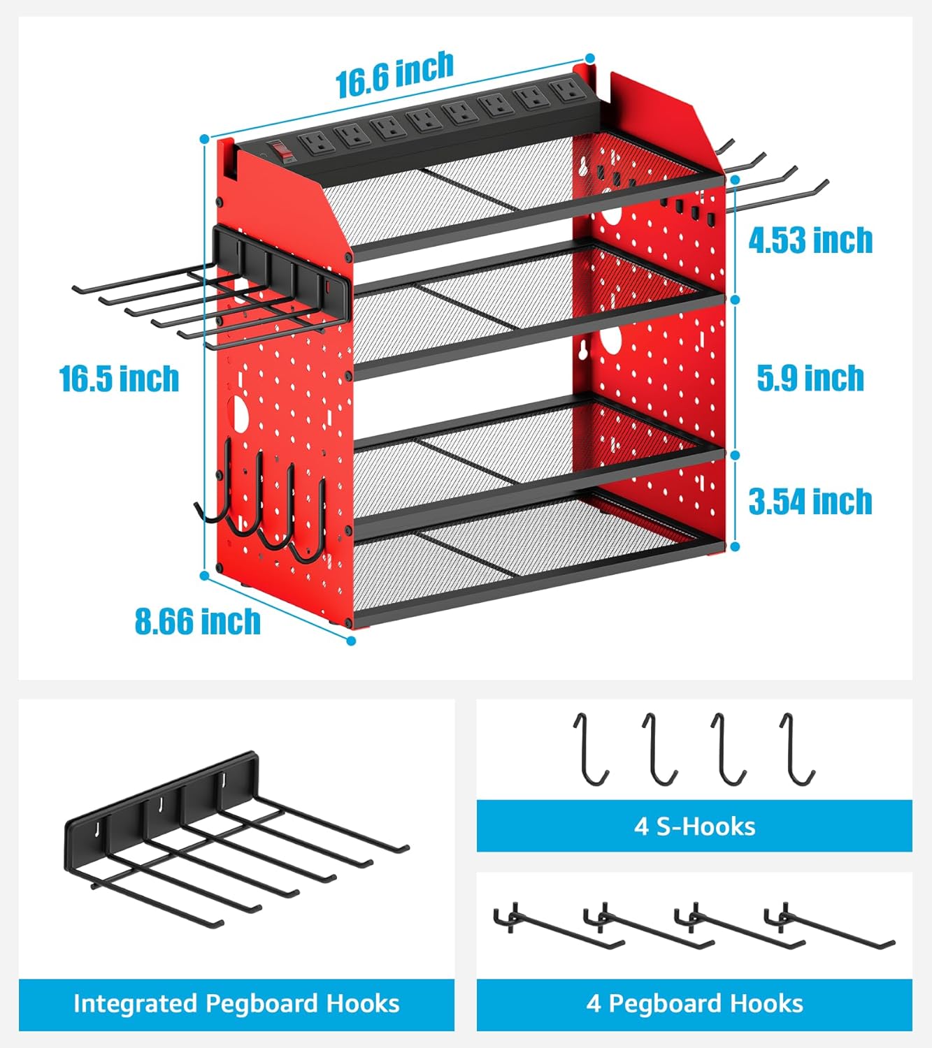 CCCEI Modular Desk Power Tools Organizer with Charging Station, 4 Layer Drills Battery Storage Wall Mount, Garage Shop Organization, Anniversary, Birthday, Gifts for Men, Father, Red, 6FT Cord.
