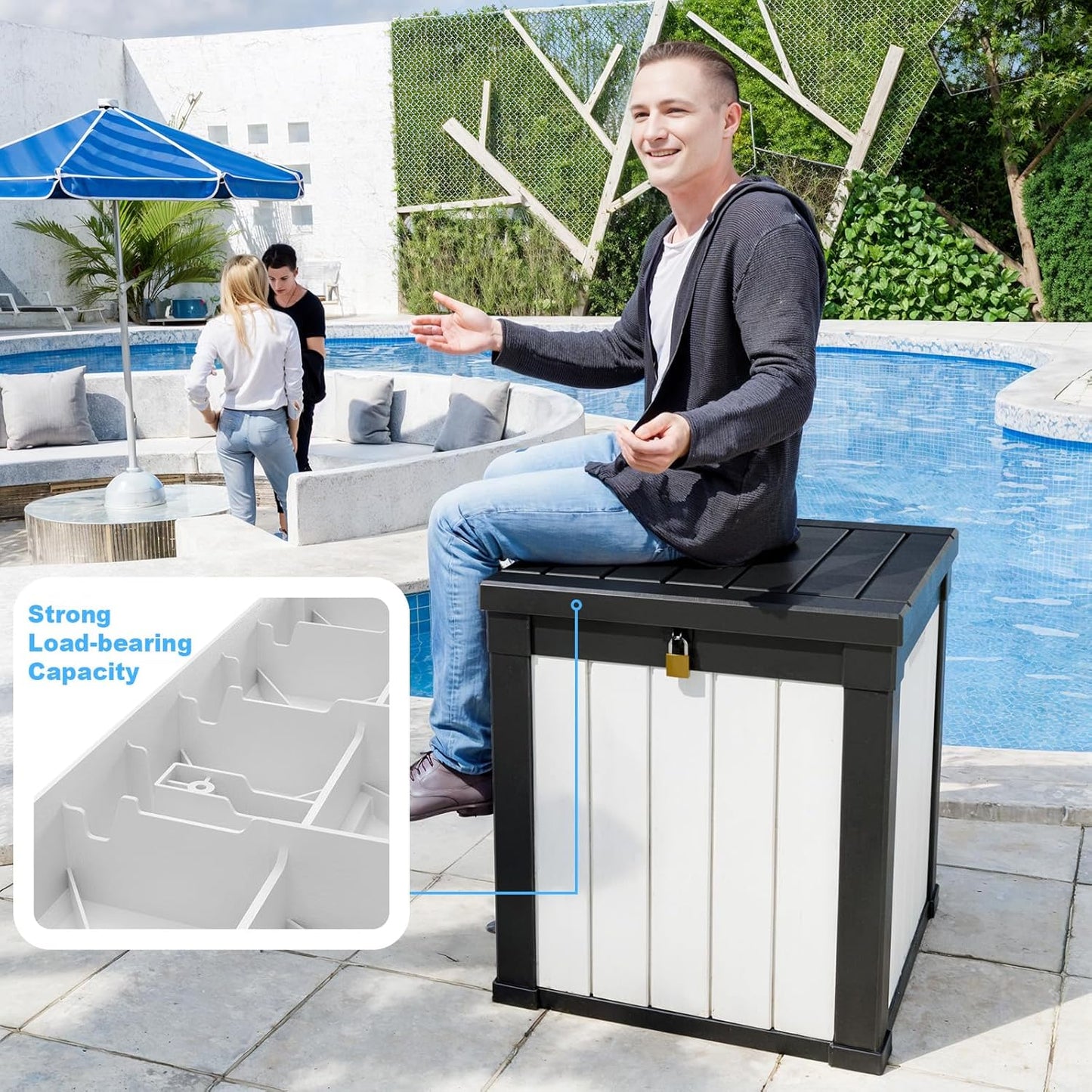 51-Gallon Outdoor Deck Box,Storage Lockable Waterproof Patio Furniture,Garden Tools,Cushions,Pool Accessories Outside Storage Resin Box(Black and White)