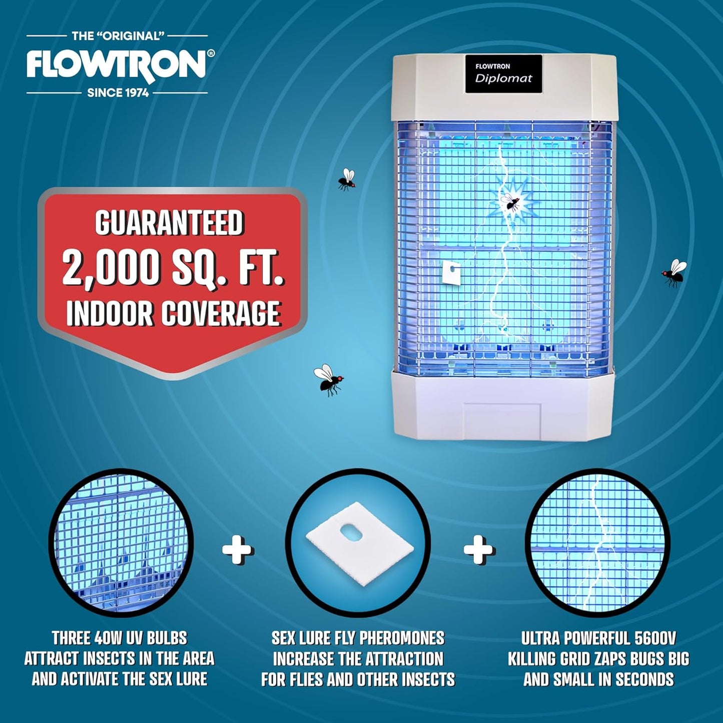 Flowtron Indoor Bug Zapper | Electric Fly & Insect Killer with 120W UV Light, Pheromone Lure Attractant, Shock Kill Grid & Reflector Panels | 2000 Sq Ft for Kitchen, Restaurant & Barn, UL Certified