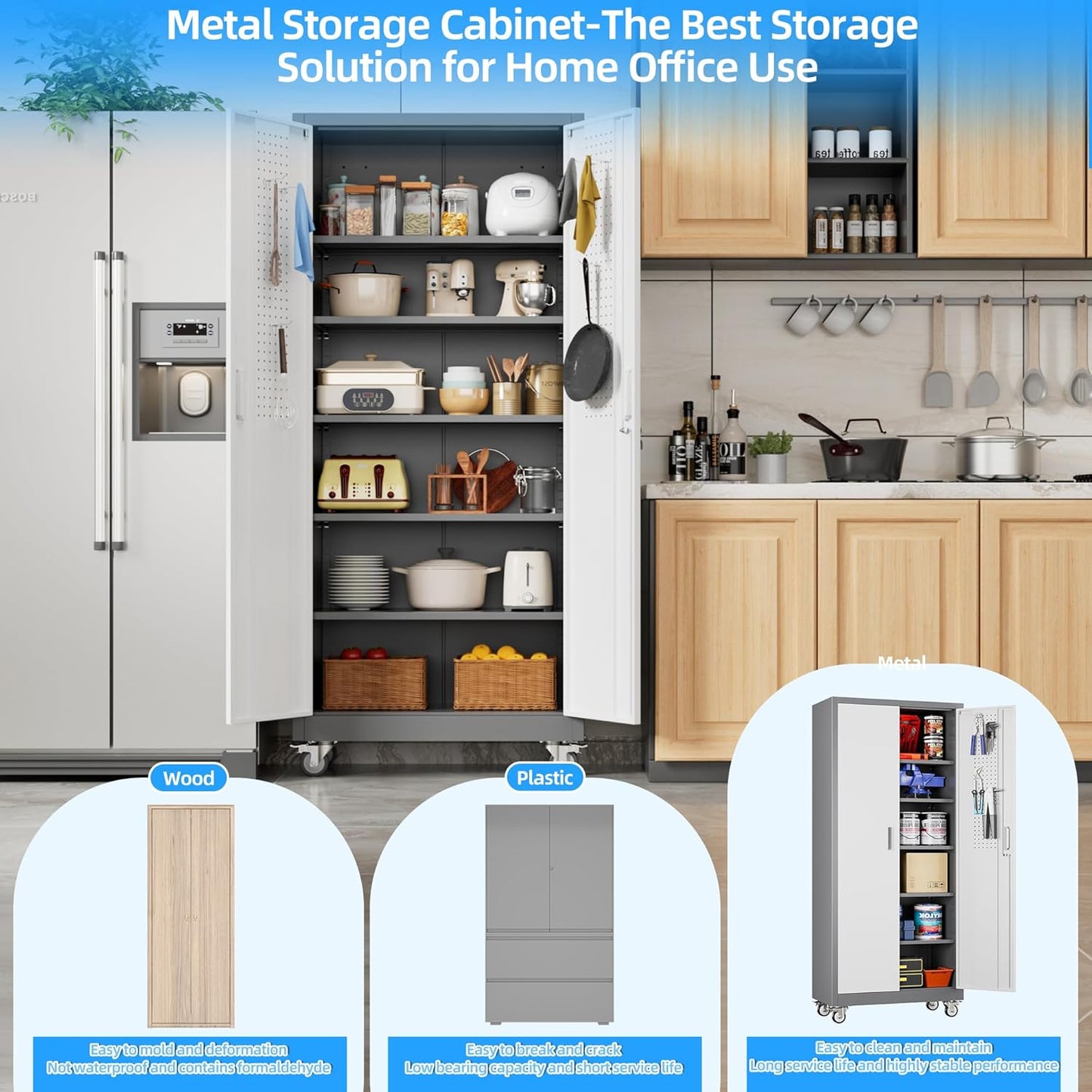 Metal Garage Storage Cabinet with Wheels & Pegboard, Lockable Metal Storage Cabinets with 2 Doors&5 Adjustable Shelves for Garage&Home,Assembly Required,Gray White 71''H x32''W x16''D