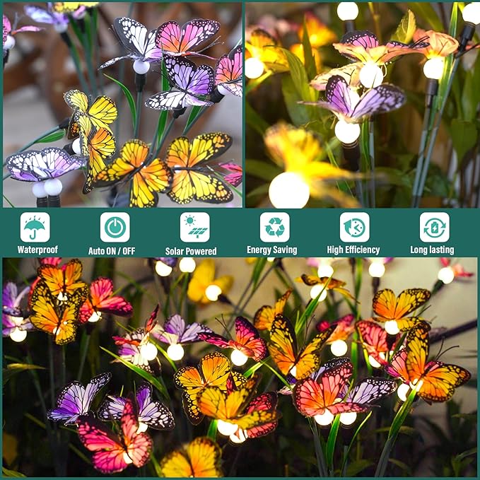 TONULAX Solar Garden Lights - Swaying Butterfly Light, Swaying in The Wind, Solar Outdoor Lights, Yard Patio Pathway Decoration, High Flexibility Iron Wire & Realistic Butterflies (6 Pack)