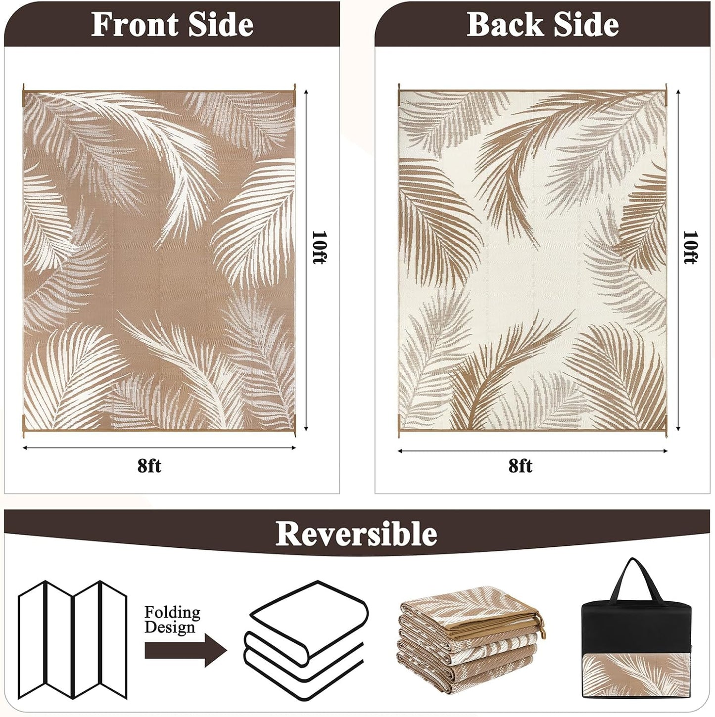 Pauwer Waterproof Outdoor Rug 8x10, Reversible Plastic Straw Patio Camping Rug, Indoor Outdoor RV Mat Carpet for Deck, Camper, Porch, Balcony, Backyard, Picnic, Leaf Brown