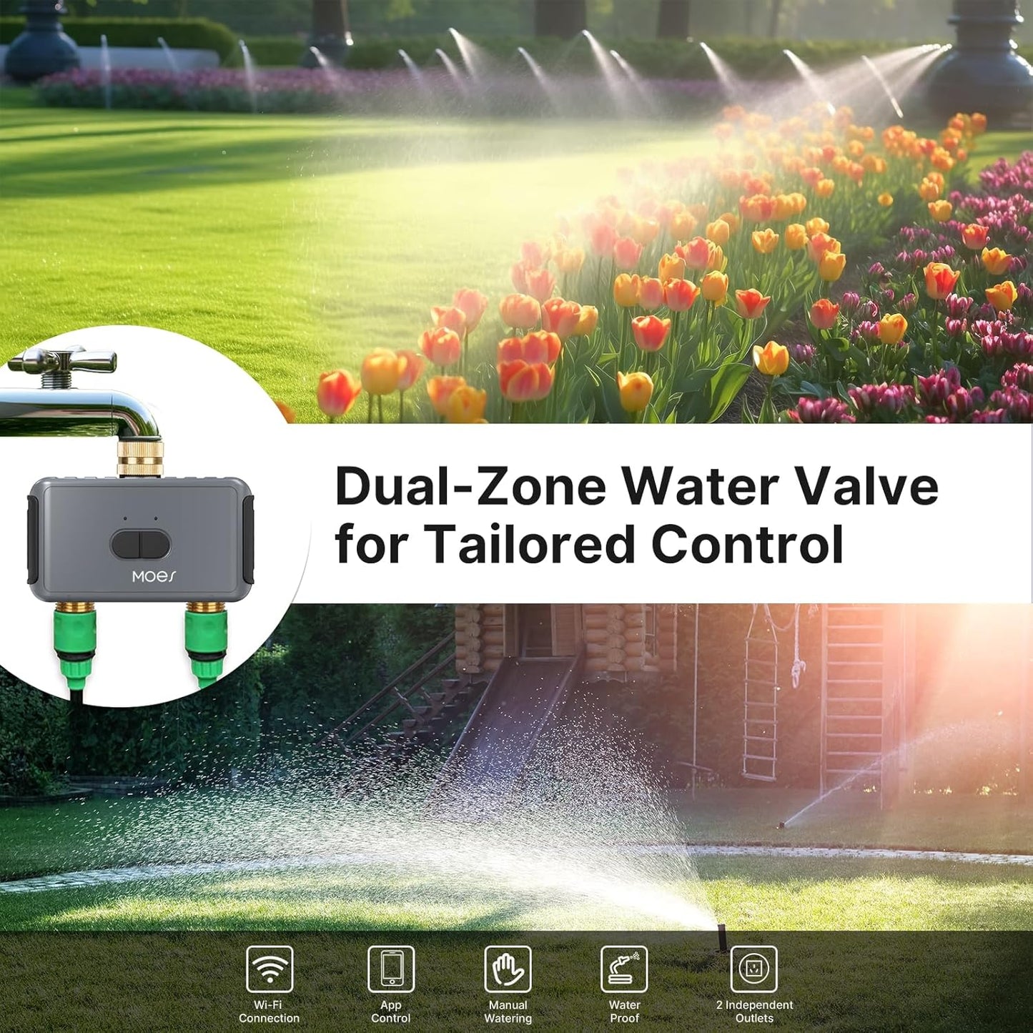 MOES WiFi Sprinkler Timer 2 Zone with Brass Inlet & Outlet, Water Timer for Garden Hose Faucet, Programmable Watering Irrigation 2 Outlet, Smart Watering System for Lawns and Yard Work with Alexa