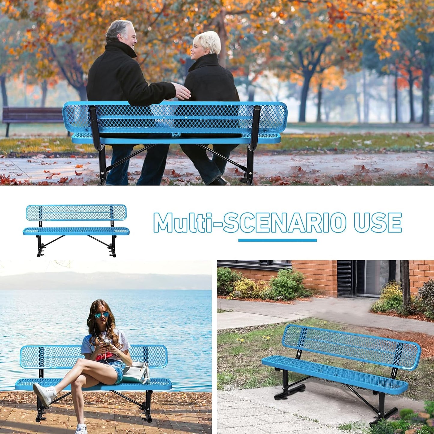 Thermoplastic Coated Iron Park Bench for Outside, Heavy Duty Metal Garden Bench, Expanded Commercial Grade Seating for Shopping Malls, Lawn Yard Porch Entryway (Blue with Backrest, 72IN)