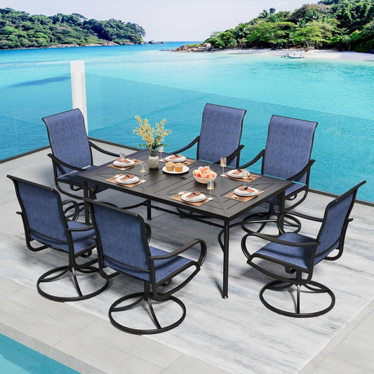 PHI VILLA 7 Piece Patio Dining Set, 6 Outdoor Swivel Patio Chairs & 1 Rectangular Large Metal Table (1.7" Umbrella Hole), All Weather Dining Furniture Set for Lawn Garden (Blue)