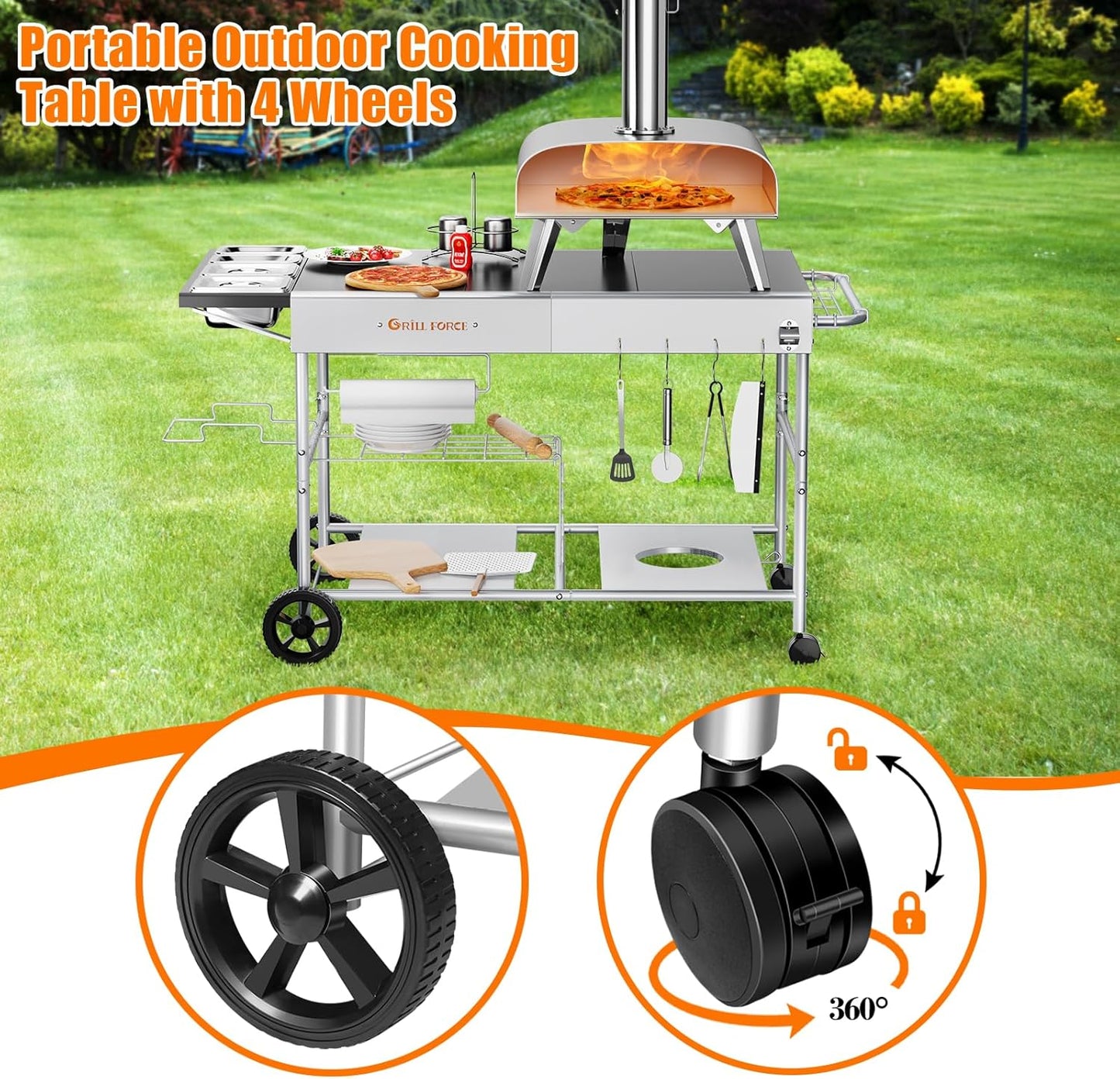 Pizza Oven Table with Topping Station, Outdoor Pizza Oven Cart, Grill Table for Outside, Grill Cart, Food Prep Work cart Fits for Ninja Woodfire Grill, Blackstone Griddle,Tabletop Grill