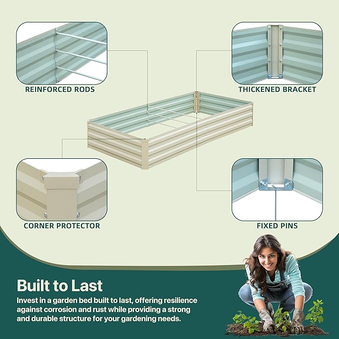 Raised Garden Bed Beige, 6x3x1ft Galvanized Raised Garden Bed Outdoor Metal for Gardening Vegetables Flower Garden Planter Box Large Raised Bed with Gloves and 3ftx30ft Weed Barrier Fabric